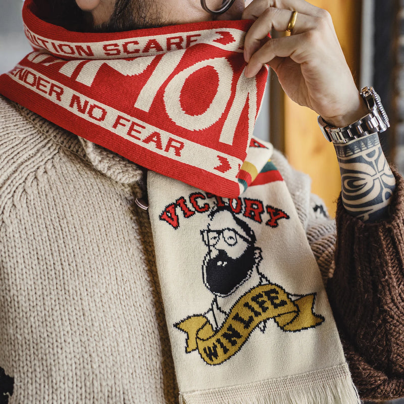 Maden Champion Fan Scarf Contrast Jacquard Pattern Scarf with Fringe Soft & Warm Winter Neck Wrap for Unisex Versatile Wear