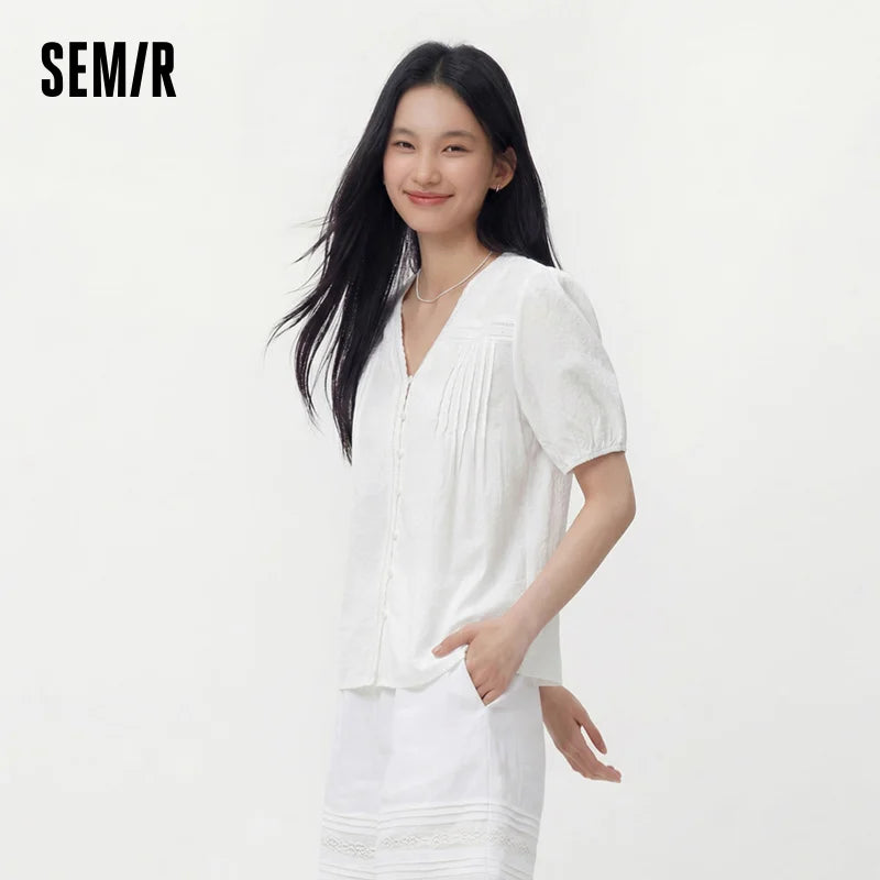 Semir Womens Shirt 2026 White Texture Puff Sleeve Ruffle V Neck Sweet Fashion Design Casual