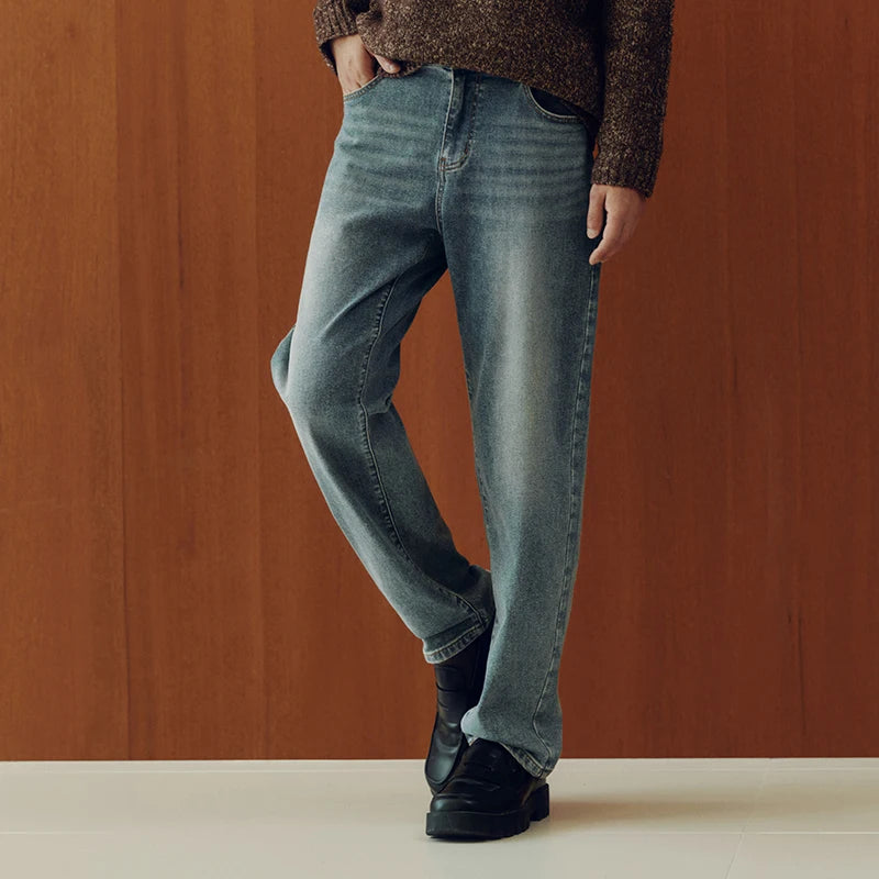 Semir Senrou Denim Jeans Men Whisker Retro Distressed Straight Leg 2025 Winter New Long Pants Elastic Men'S Wear