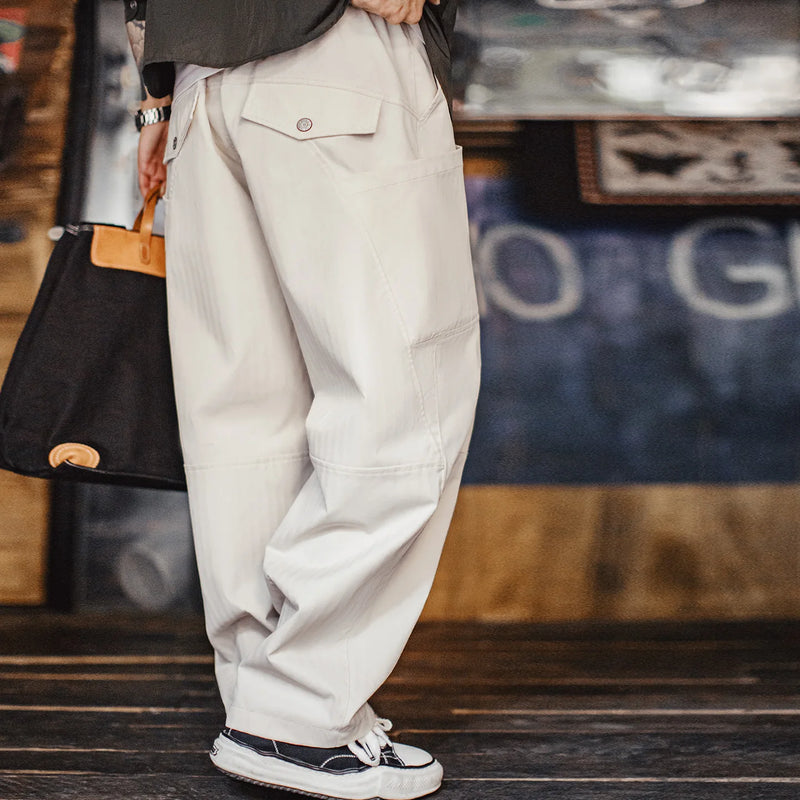 Maden Men‘s Vintage Patchwork Pants White Wide Leg Trousers Drawstring Elastic Waist Loose Fit Casual Pants for Spring Autumn