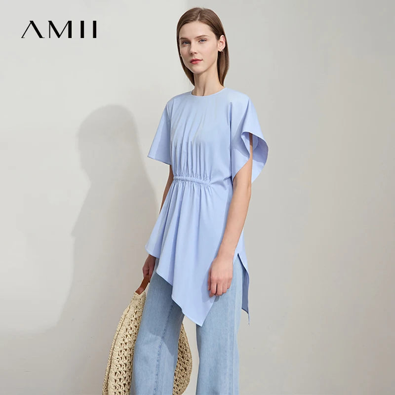 AMII Minimalist Summer T-shirts Women 2026 New Round Neck Short Sleeve Solid Loose Shirt Female Fashion Irregular Tops 12542097