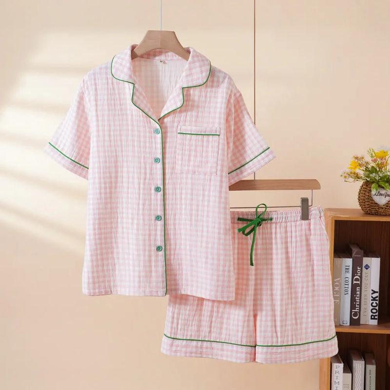 Plaid Print Women's Pajamas Short Sleeve Sleepwear Cotton Night Wear For Ladies Summer New 2 Pieces Home Wear Pyjama Set Woman