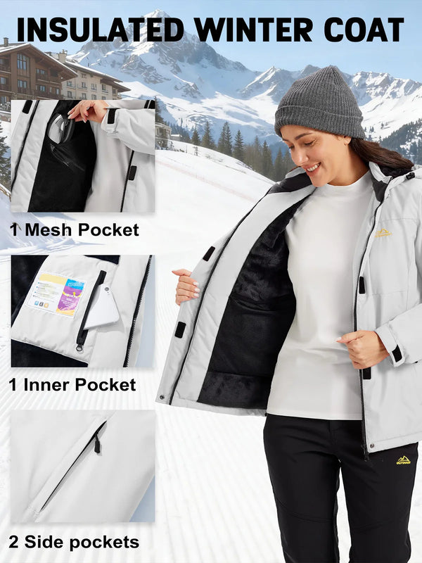 TACVASEN Waterproof Winter Fleece Lined Coat Womens Windproof Warm Breathable Ski Jacket Hooded Multiple Pocket Outdoor Coat