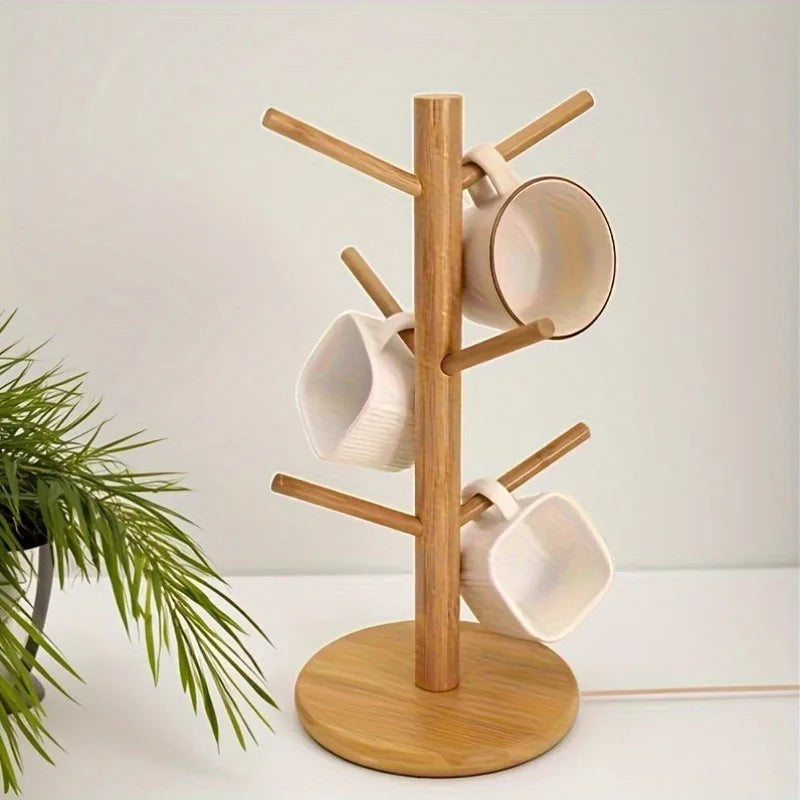 1pc legant Bamboo Cup Holder with Wooden Finish,Space-Saving Kitchen Organizer,with Multiple Hooks, Ideal for Home or Office.