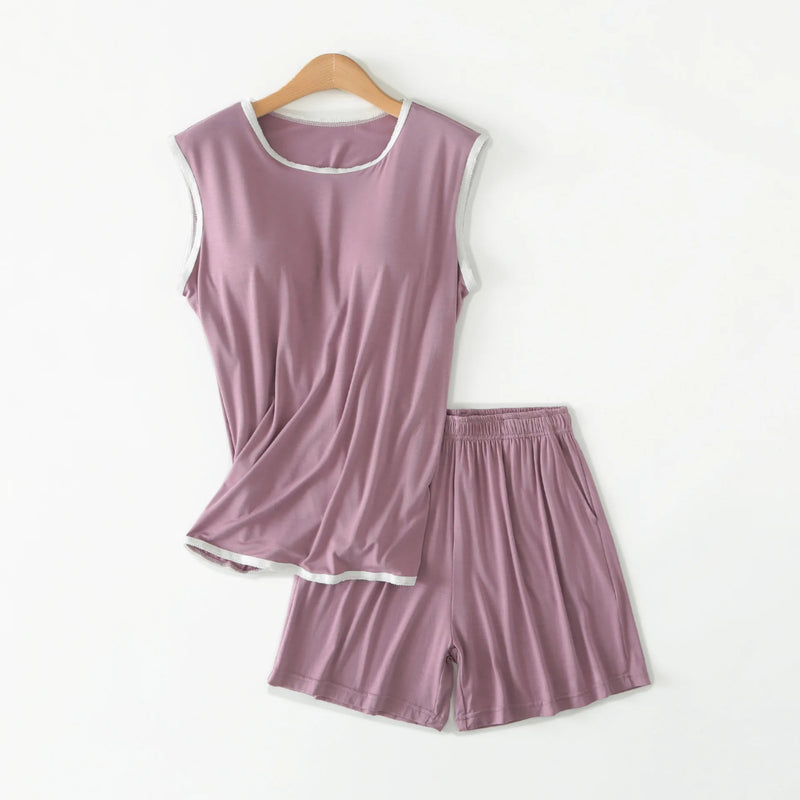 ឈុត Pijama Feminino ថ្មី អាវកាក់គ្មានដៃ ខោខ្លី ឈុតគេងធម្មតា សម្រាប់ស្ត្រី ឈុតគេងសម្រាប់ស្ត្រី ឈុតគេងសម្រាប់ស្ត្រី