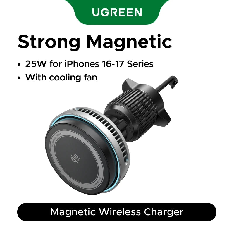 UGREEN MagFlow Pro Qi2.2 25W Magnetic Wireless Car Charger with Cooling Fan For iPhone 16 17 Pro Car Phone Holder Fast Charging