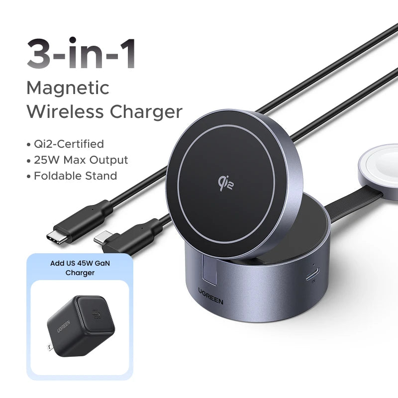 UGREEN Qi2 15W Max Magnetic 3-in-1 Wireless Charger Fast Charging Stand For Magsafe Charger For iPhone 15 16 Pro Max/AirPods