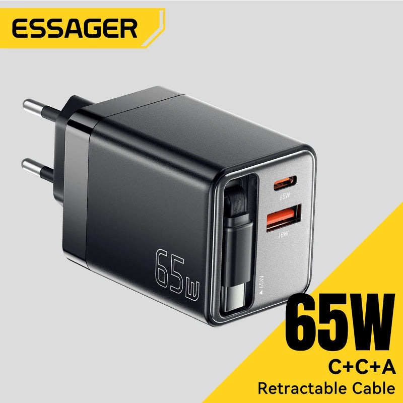 ឆ្នាំងសាក Essager 65W GaN ជាមួយខ្សែរ PD សាកថ្មលឿនសម្រាប់កុំព្យូទ័រយួរដៃ Macbook iPhone 17 16 15 Xiaomi Type-C ឆ្នាំងសាកទូរស័ព្ទ