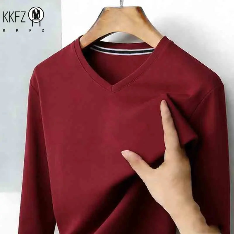 Men's Camel V-neck Long Sleeve Tee Slim Fit Soft Knit Pullover Spring & Autumn Shirt