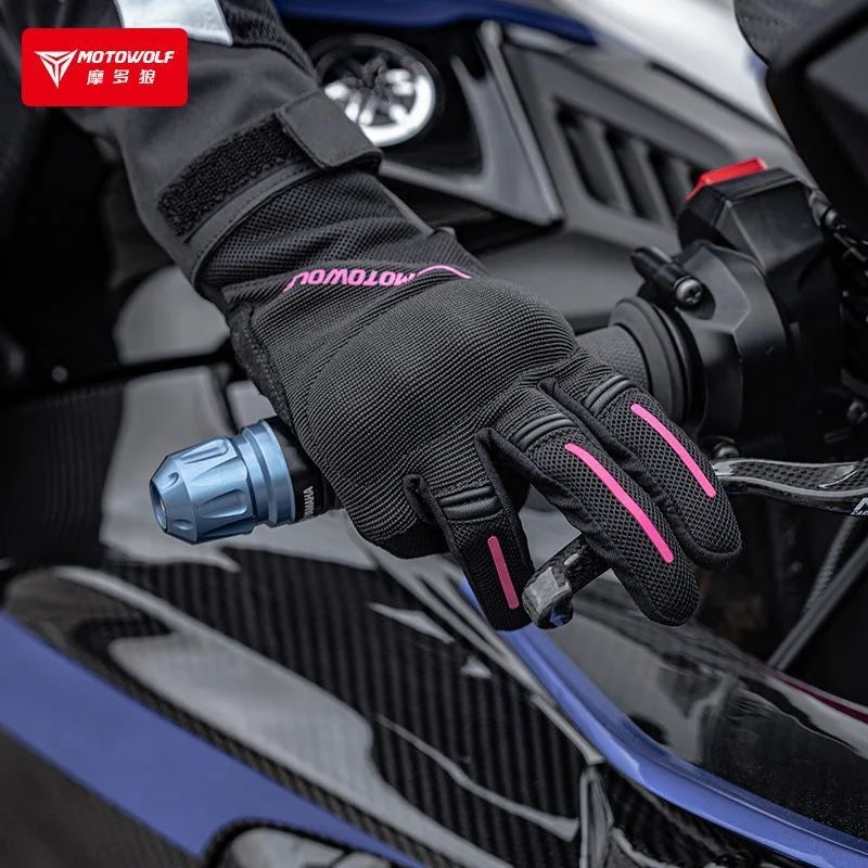 ស្រោមដៃម៉ូតូ Motowolf រដូវក្តៅសំណាញ់ខ្យល់ចេញចូលបានពេញម្រាមដៃ ការពារការដួល អេក្រង់ប៉ះសម្រាប់ស្រោមដៃជិះម៉ូតូស្ត្រី ការពារការដួល