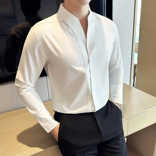 High-End Sexy Large V-neck Shirt Men's Long-Sleeved Design Collarless Shirt Brown Slim Top