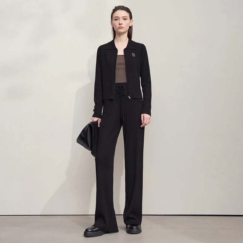 AMII Cardigan for Women 2026 Autumn New Minimalist Commuter Embroidery Versatile Slim Knitting Casual Wide-leg Trousers 12543128