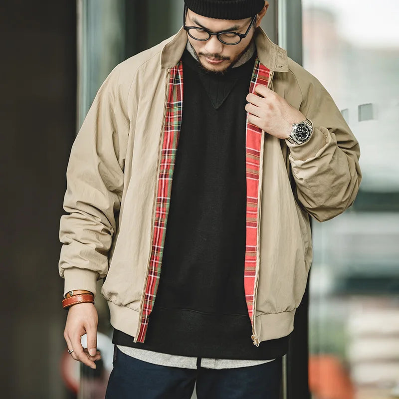 អាវក្រៅ Maden បុរសពណ៌ Khaki បែប Retro សម្រាប់ធ្វើការ អាវក្រៅកអាវឈរសម្រាប់ជិះម៉ូតូ អាវក្រៅរដូវស្លឹកឈើជ្រុះ និងរដូវរងា សម្រាប់បុរសនិងស្ត្រី