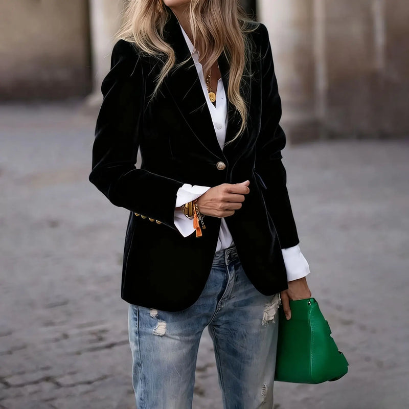 Elegant Women's Long-sleeve Blazer, A V-neck Jacket Made of Corduroy. Available in Black,Purple,Brown,Yellow,Red,Blue,Green,Gray