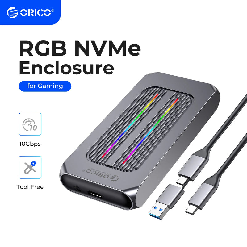 ORICO RGB M.2 SSD Enclosure 10Gbps M2 NVMe SSD Case All Aluminum USB3.1 Gen2 Case for Solid State Drive for Gamer Video Editing