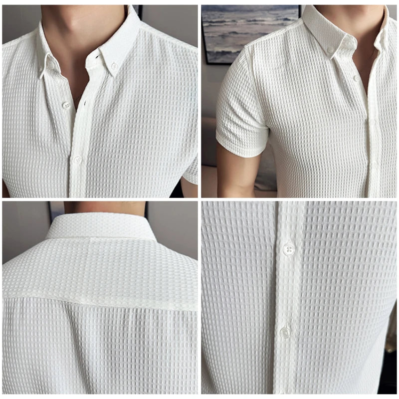 Thin Waffle Shirt, Non-Ironing Business Slim Shirt, Men's Short Sleeve Shirt Brown，Exquisite Business Short-Sleeved Shirt