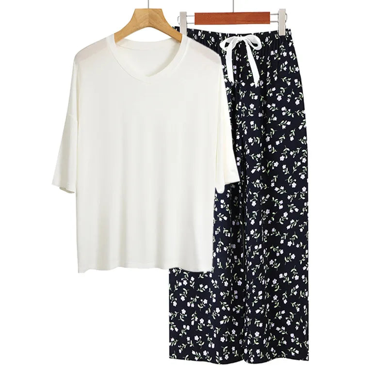 Nightwear Modal Woman Pajamas Spring Summer Casual Sleepwear Set Loose Casual Women's Home Clothes Short Sleeve Trousers Suit