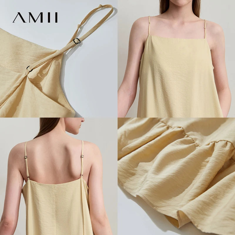 AMII Minimalist Vacation Lyocell Dresses 2026 Summer Beach Women Clothing Party Suspender Lotus Edge Long Black Dresses 12542159