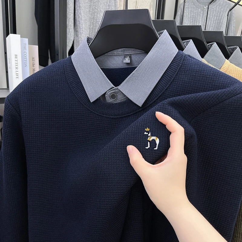 Luxury Men Long Sleeved Fake Two-Piece Knitted Sweater Fleece-Lined Thickened Embroidery Contains Wool Winter Keep Warm Sweater