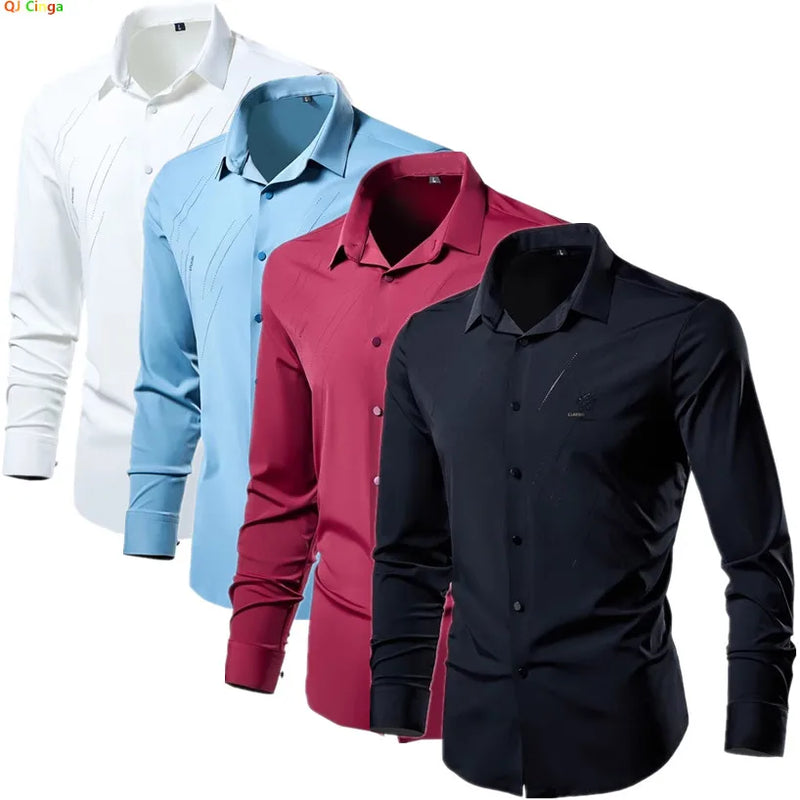 2026 New Men's Black Long Sleeve Shirt, Single Breasted Square Collar Stretch Shirts, White Blue Red Blouse, Asian Size M-6XL