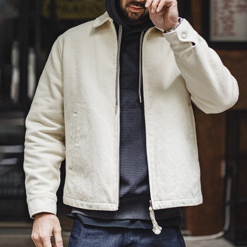Maden Men's Vintage White Jacket Heavyweight Cotton Turn-Down Collar Zip-Up Short Outwear Canvas Fitted Fit Spring Autumn Coat