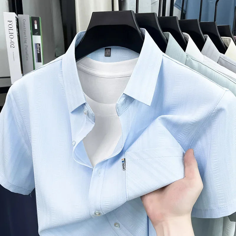 Mens Short Sleeve Shirt Casual Regular Fit Button Up Lapel Collar With Pocket Soft Breathable For Business Weekend Wear