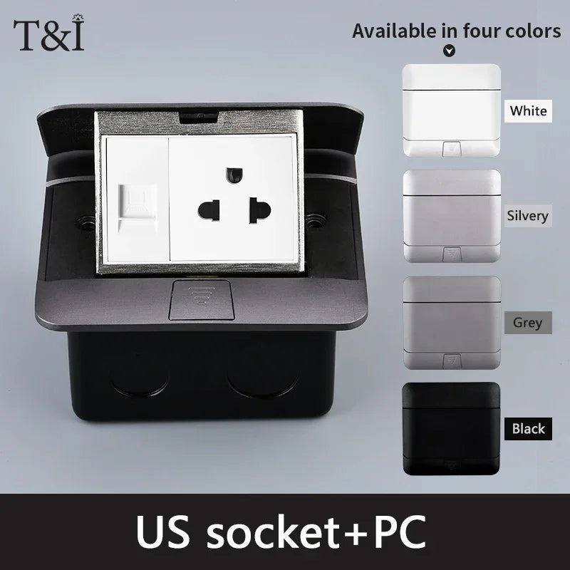 Metal Panel EU Standard Hidden Type Table Socket 2/3 Way Outlet USB/EUR/Universal/FR Office Cabinet Desktop Aluminum 120x120mm