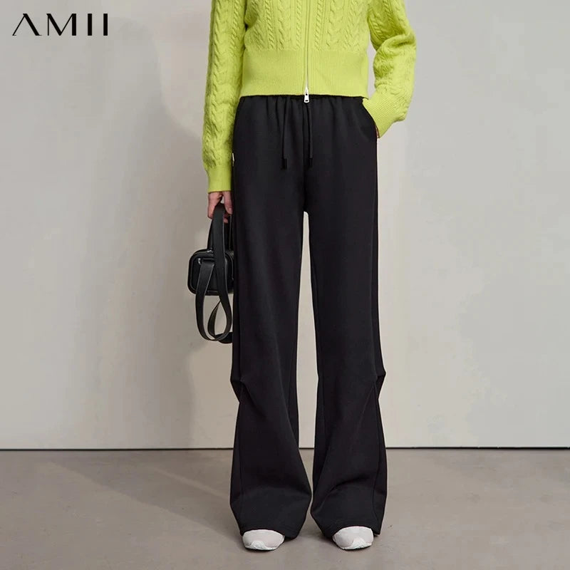 AMII Women's Pants 2026 Autumn New Minimalist Knitting Cotton Ladies Pants Wide-leg Casual Solid Sweatpants for Ladies 12524071