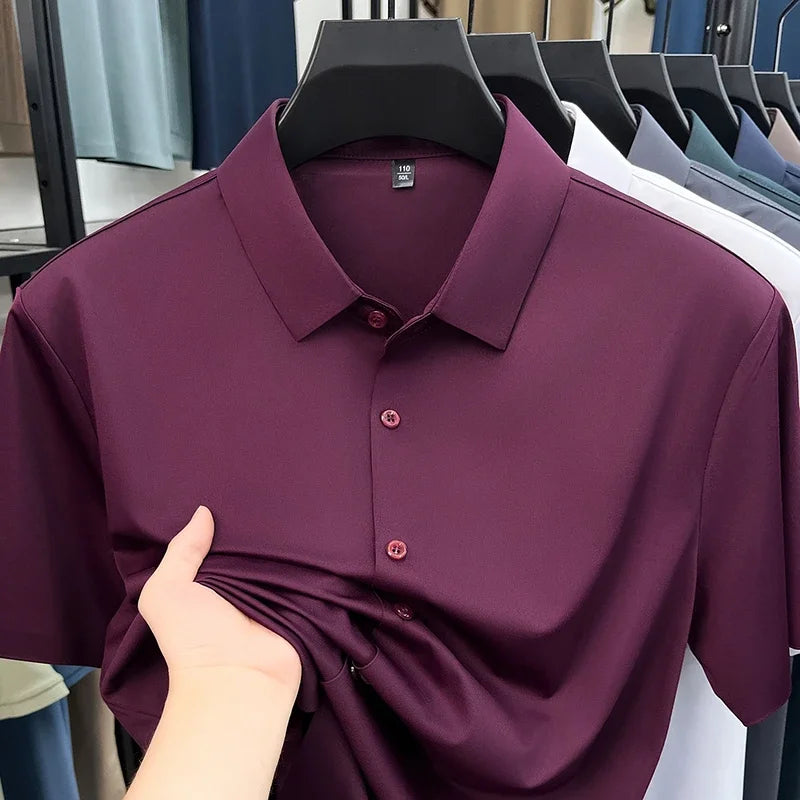 Men Short Sleeve Button Up Shirt Casual Ice Silk Business Formal Shirt Breathable Wrinkle Free Summer Top