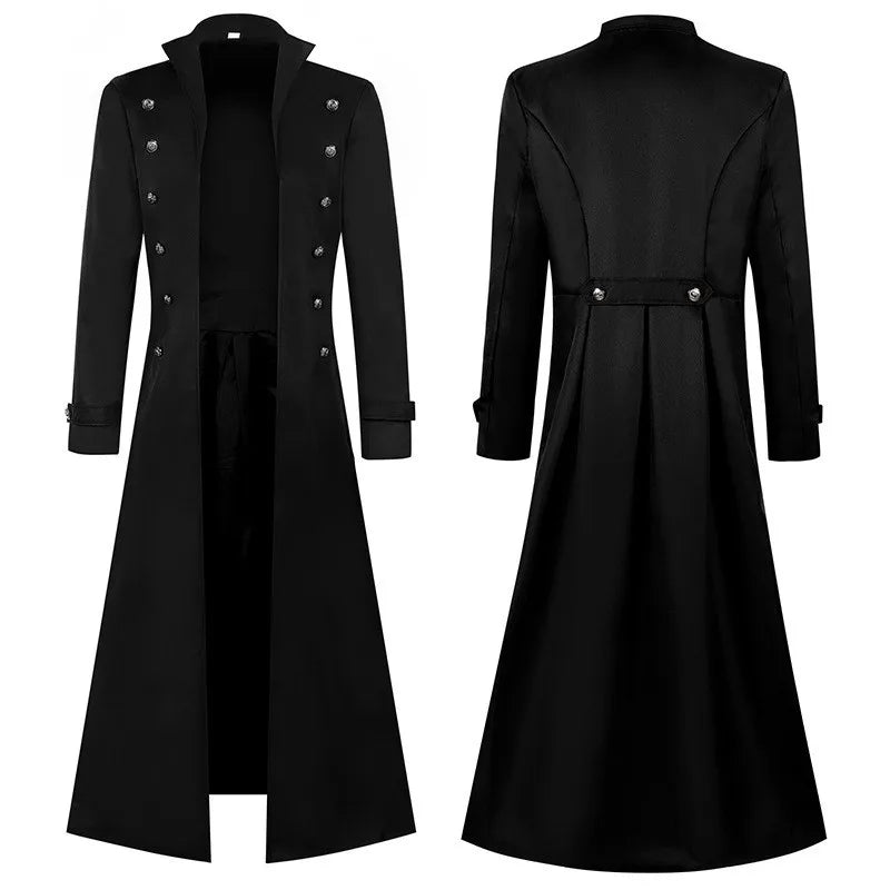 2026 New Steampunk Red Men's Vintage Long Jacket, Black Gothic Trench Coat, Blue Stage Performance Overcoat.