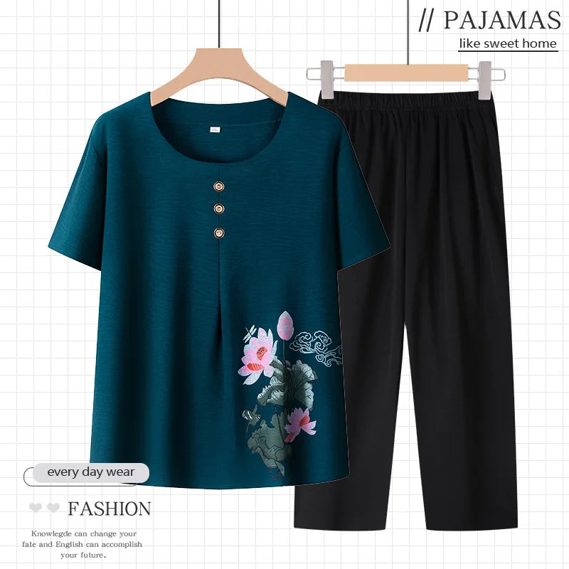 Cotton Printed Middle Aged Mother Sleepwear Short Sleeve Women's Pajamas Set Summer Home Wear Grandma Two Piece Outfit XL-4XL