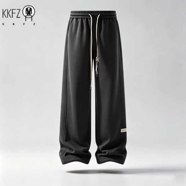 Men Comfort Loose Straight Waffle Trousers Elastic Waistband Drawstring Design Tag Decor Male Street Daily Wear Pants
