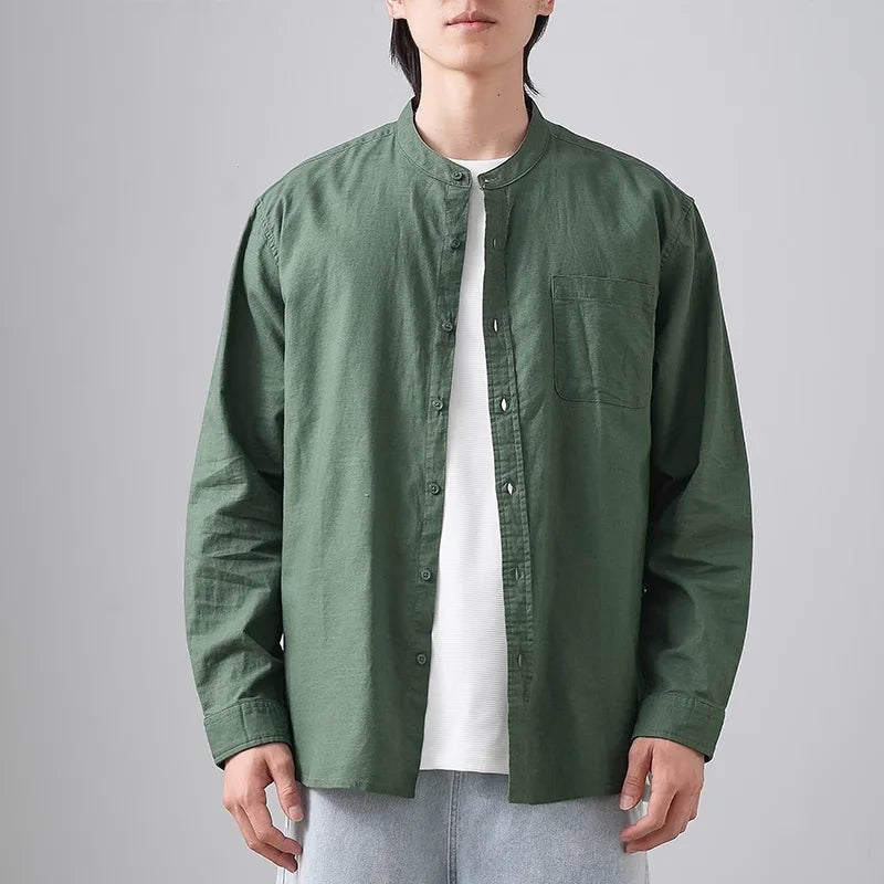 DUKEEN Linen Fabrics Men's Shirts Autumn Casual Stand-Up Collar Long Sleeve Solid Color Tops Formal Non-Ironing Men's Clothing