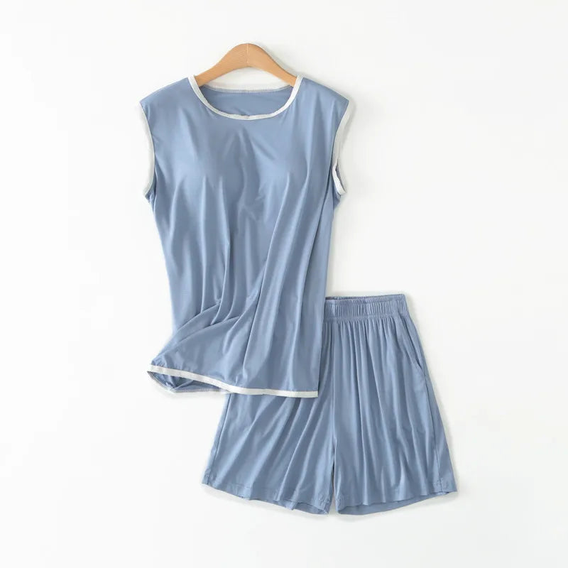 ឈុត Pijama Feminino ថ្មី អាវកាក់គ្មានដៃ ខោខ្លី ឈុតគេងធម្មតា សម្រាប់ស្ត្រី ឈុតគេងសម្រាប់ស្ត្រី ឈុតគេងសម្រាប់ស្ត្រី