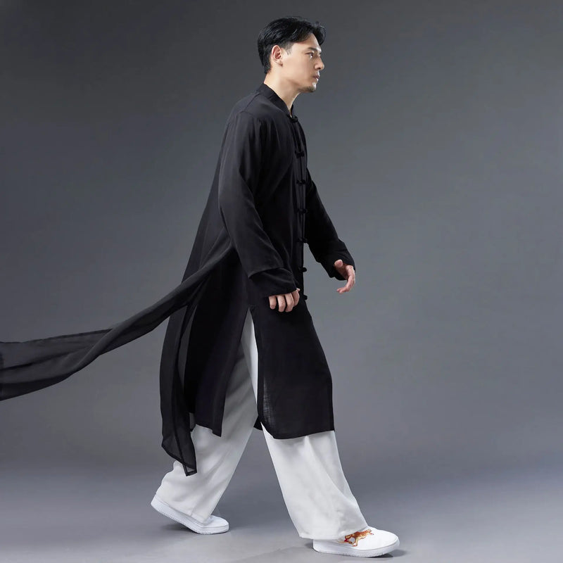 Chinese-style Men's White Trench Coat, Summer Black Cotton-linen Long Jacket.