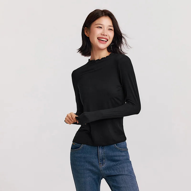Semir Women Tshirt Thermal Warmth Antibacterial Fabric Slim Fit Solid Color Everyday Style Ruffle Detail Layering Essential