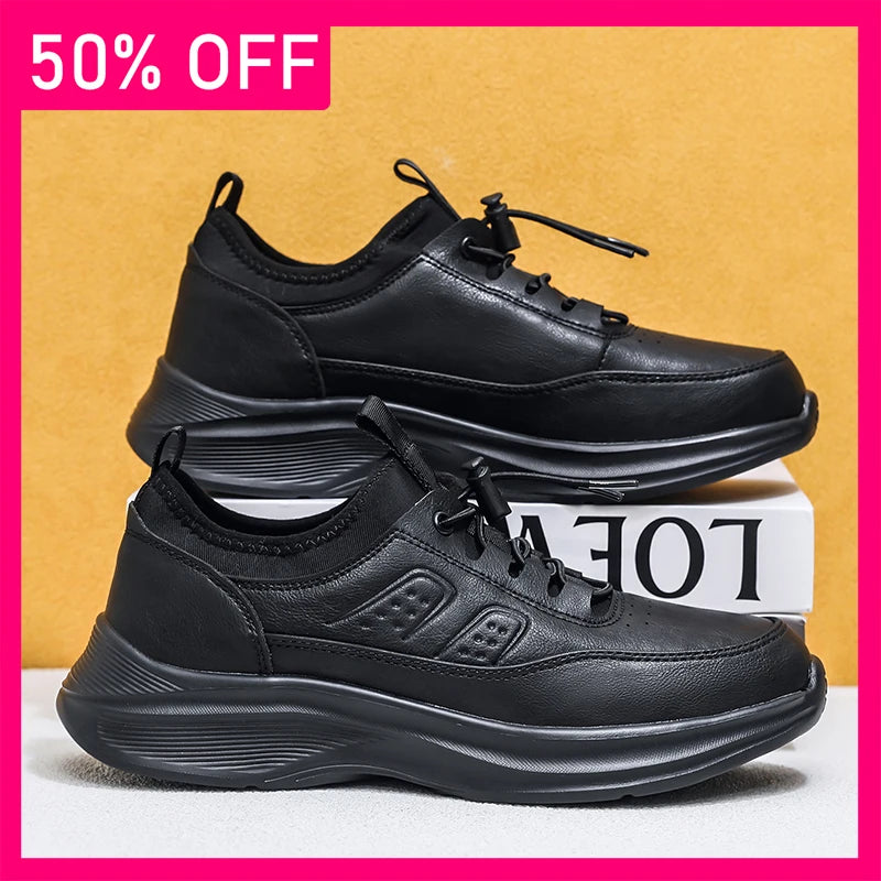 Men Sneakers Fashion Lace Up Wear-resistant High-quality Leather Sneakers Spring Thick Soled Non Slip Casual Shoes Large Size