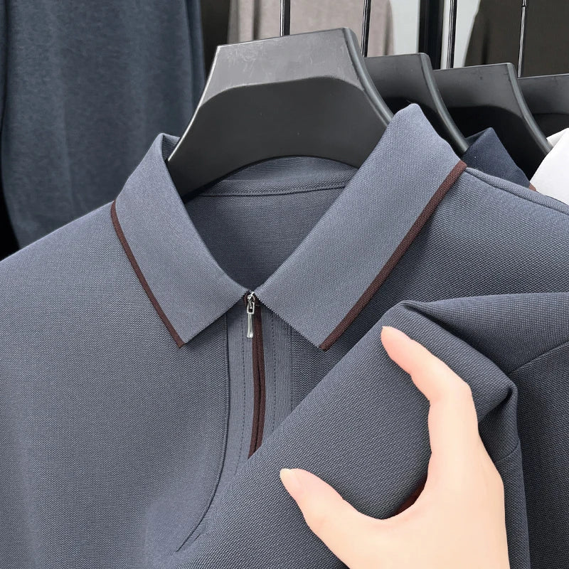 Men's Premium Long-Sleeve Polo Shirt Silk & Wool-Blend Fabric Breathable & Soft -4 Color Options -Upgraded Comfort Design