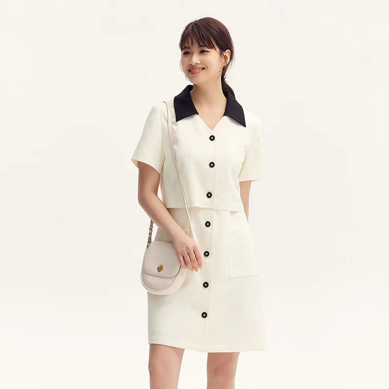 Semir Women Dress Textured 2026 Faux Two Piece Color Block Lapel Collar Urban Casual Everyday Style Soft Comfortable