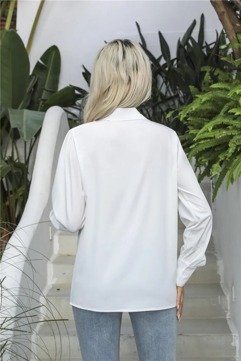 Women's Long-sleeve Collared Shirts for Spring and Fall; Pleated/patchwork-detailed Blouses; Black, White, Green, Blue, Purple.
