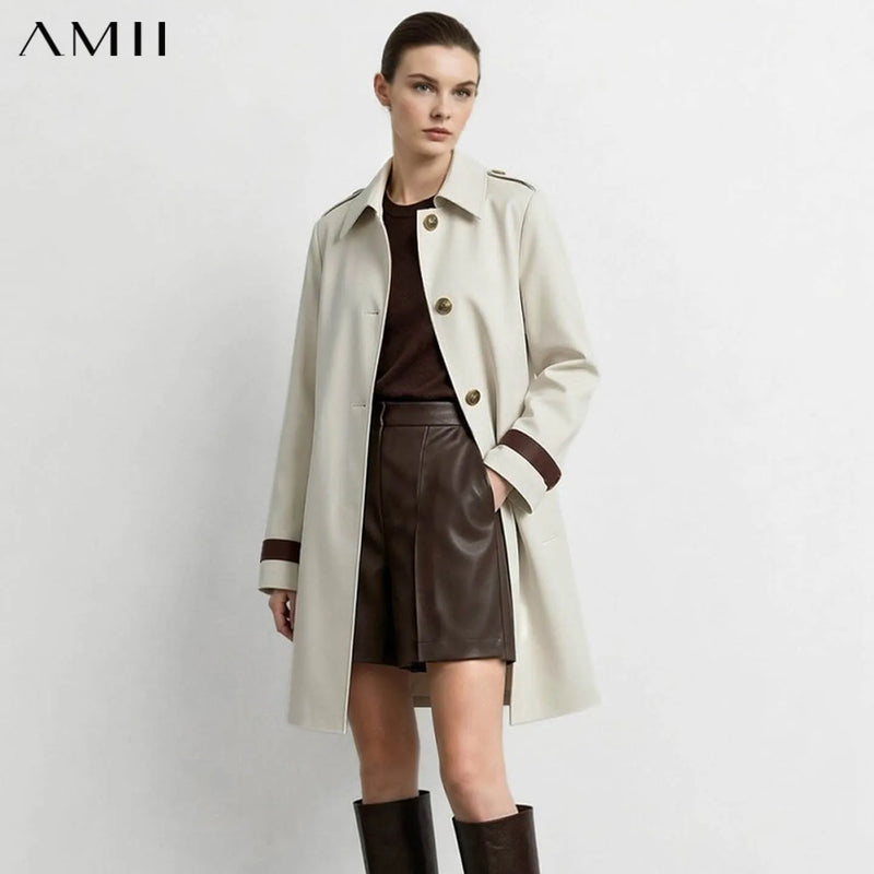 Amii Women Lapel Collar Trench Coat Color Block Webbing Oversized Loose Mid-Length Coats Commuter Autumn 2026 Jacket 12623132