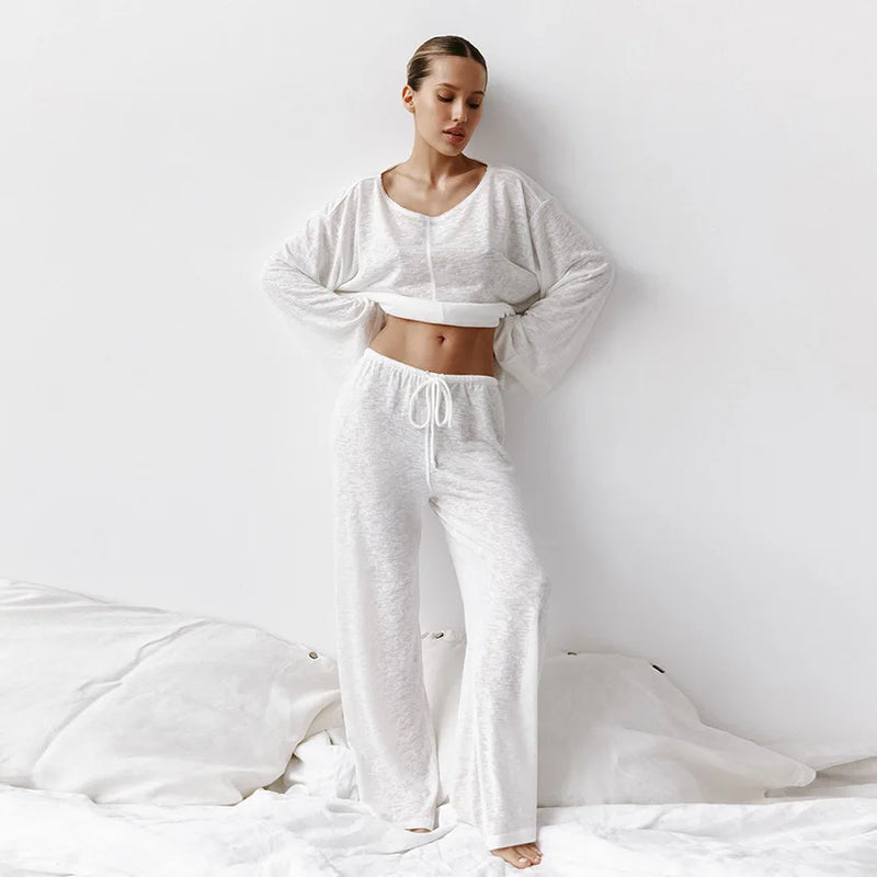 Sexy Fashionable Knitted Long Sleeved Pajamas Women Friendly Home Clothes Cotton Sleepwear Set Spring Summer Nightwear Pijama