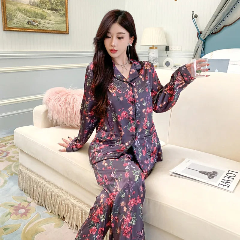 Women's Silk Pajama Set Satin Sleepwear Long Sleeve Top with Pants 2-Piece Loungewear Pj Suit Pyjama for Comfortable Nightwear