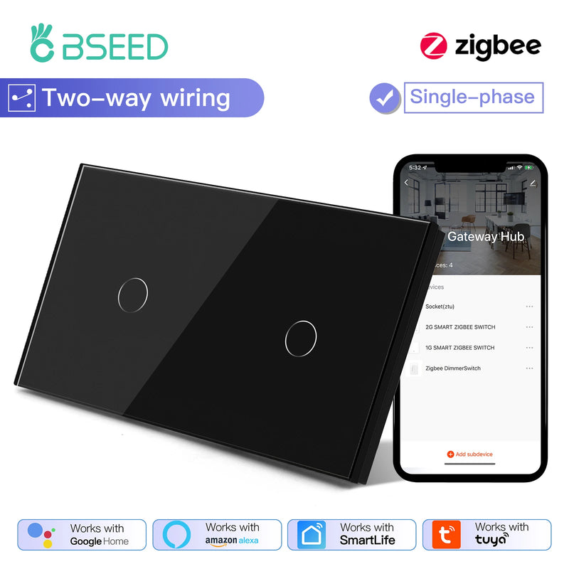 BSEED Smart Zigbee Touch Light Switch 1/2/3Gang Wall Touch Switch 2Way Wire Compatible with Smart Life Alexa Google Home