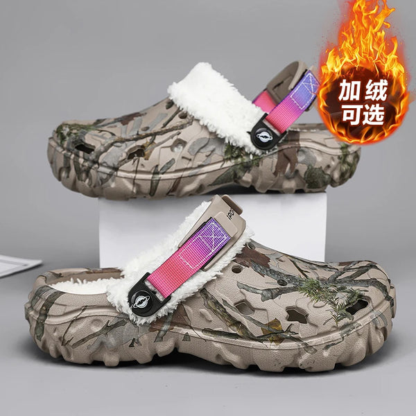 Winter Camo Fleece Lined Clogs Wide Toe Box Lightweight EVA Garden Shoes Adjustable Strap Non-slip Indoor Outdoor Slippers