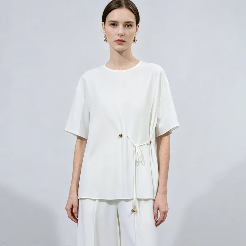 Amii Women's Blouse 2026 Summer New Round Neck Drop Shoulder Tie Detail Chiffon Top Loose Fit Casual Shirt For Women 12642192