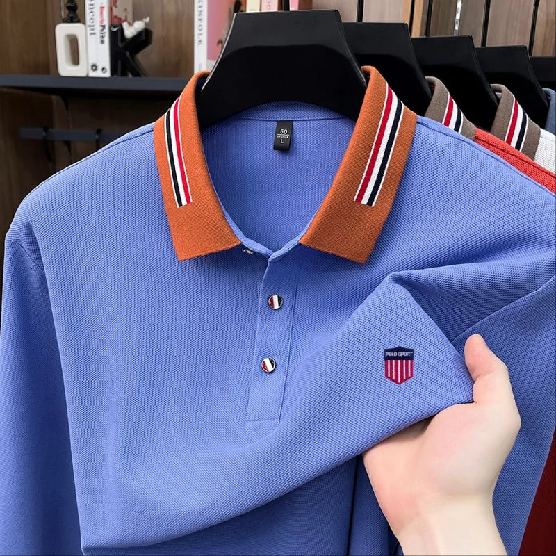 Man 100% Cotton Long-Sleeved Polo Shirt Lapel Button Exquisite Pattern Embroidery Autumn Snug Leisure Versatile Men's Polo Shirt