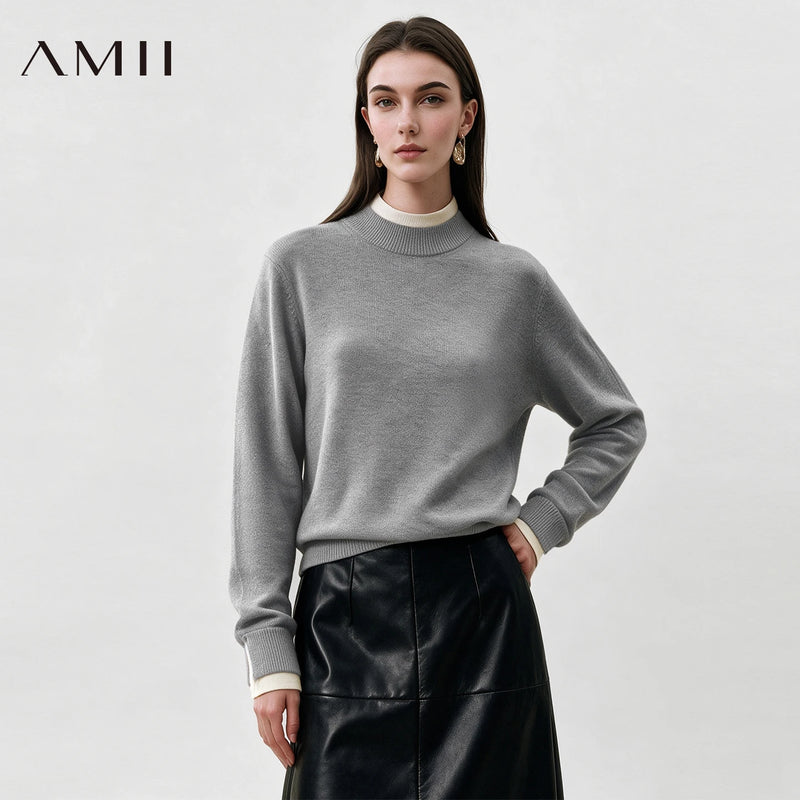 Amii Women's Turtleneck Sweater Faux Layered Color Block Minimalist Casual Knit Tops Woman Autumn Pullovers Sweaters 12623086