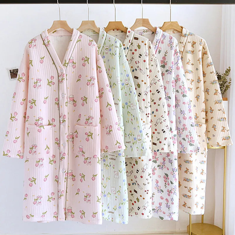 Air Layer Cotton V-Neck Cardigan Dress Long Sleeve Women's Autumn Winter Nightdress Loose Thicken Warm Nightgowns Female
