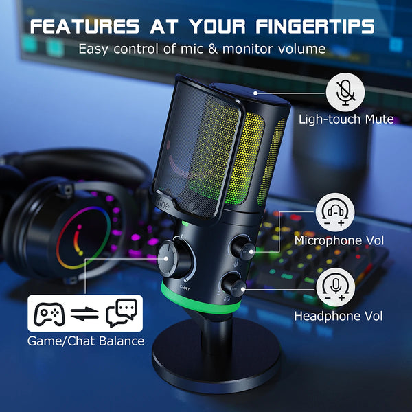 មីក្រូហ្វូនលេងហ្គេម USB FIFINE ជាមួយនឹងមុខងារកាត់បន្ថយសំឡេងរំខាន/RGB/ប៊ូតុងបង្កើនសំឡេង និងតុល្យភាព, មីក្រូហ្វូនខនឌឺរសម្រាប់ស្ទ្រីមផតខាស - Ampligame AM6